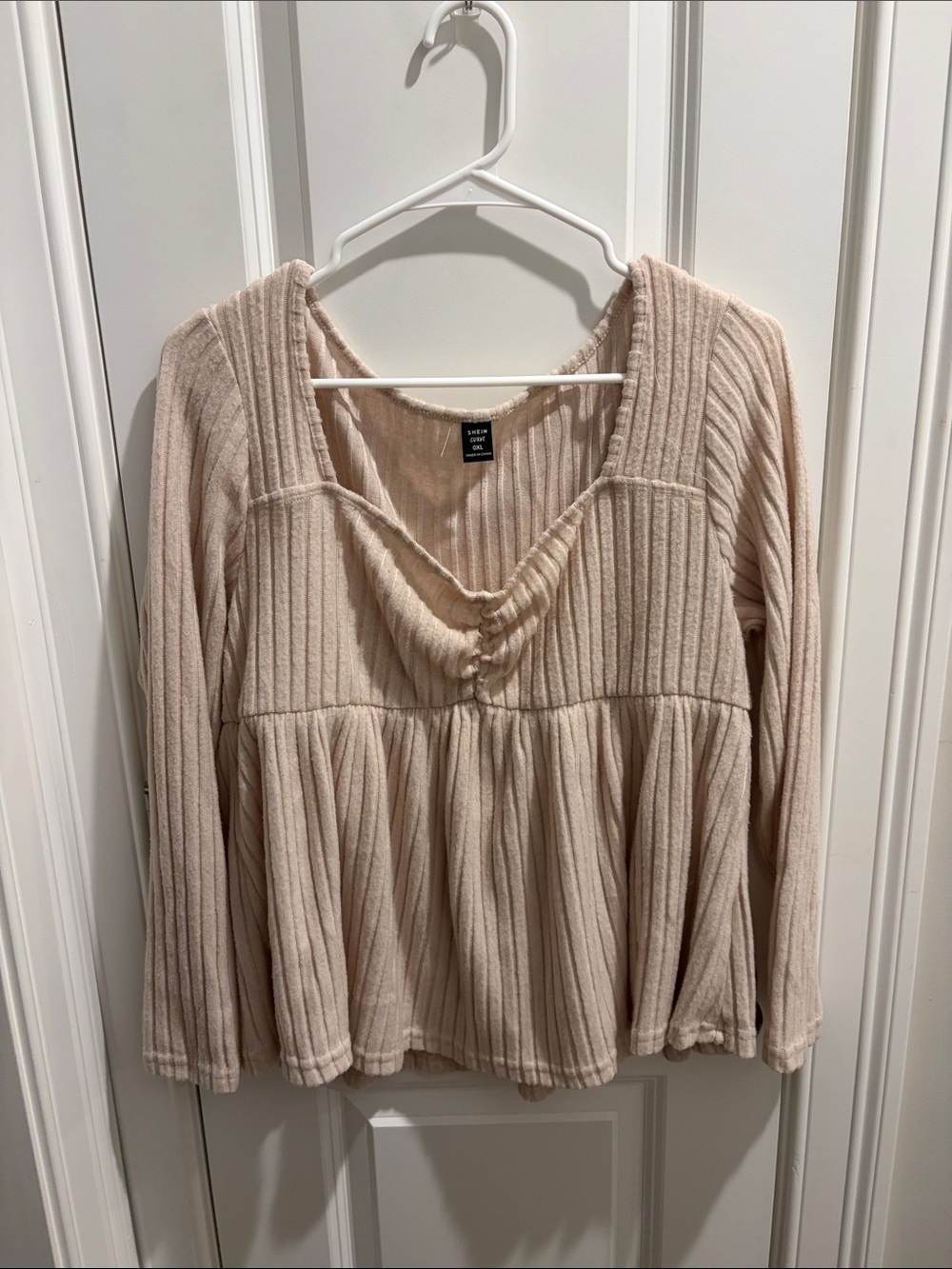 SHEIN Light Cream Ribbed Peplum Long Sleeve Top